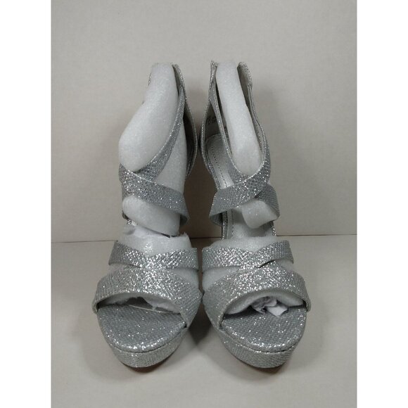Women Sz 9 Silver High Heel Stilettos Party Sandals Open Toe Platform Dress Pump - Picture 2 of 11